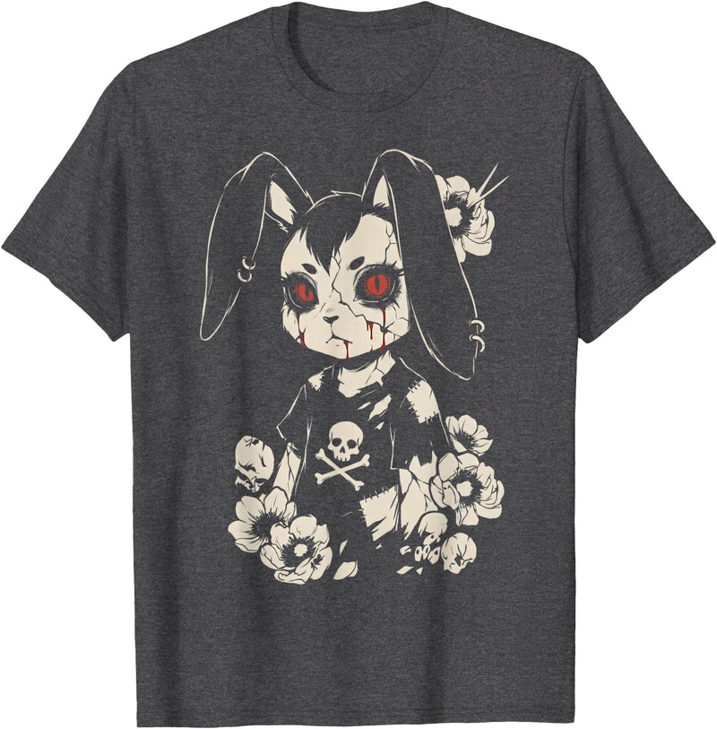 Creepy Bunny Rabbit Japanese Kawaii Manga Horror Goth T-Shirt in Dark Heather Grey