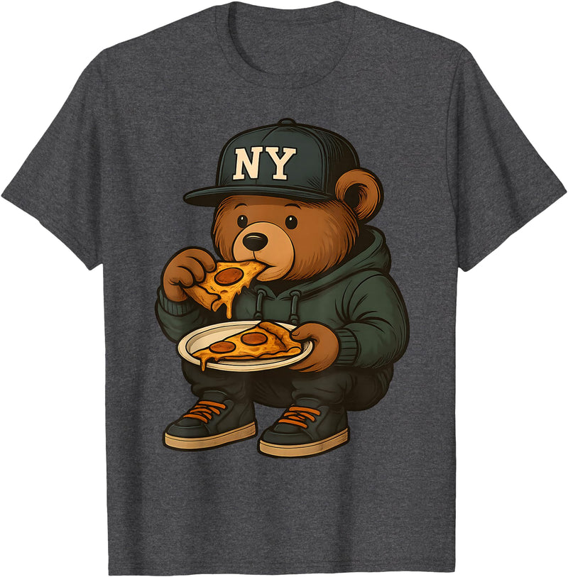 Street Food Streetwear & Hip Hop Style Designs Hip Hop Teddy Bear Eating New York Style Pizza Teenager Men T-Shirt - Dark Heather Grey