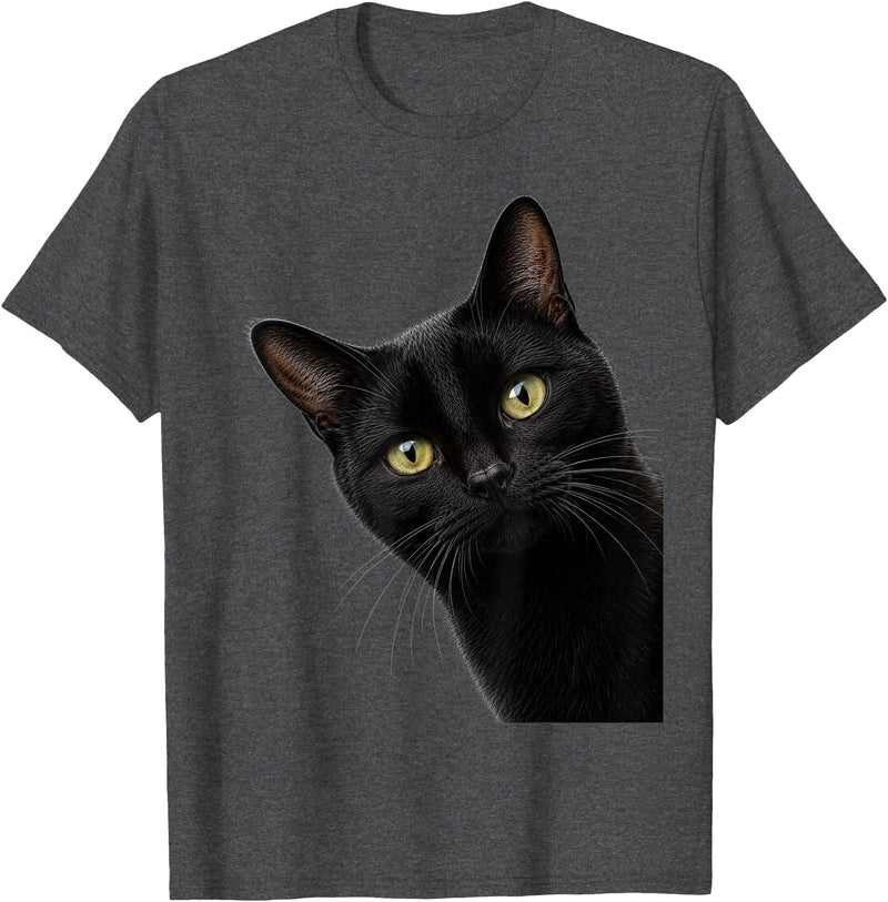 Curious Cat Collective Funny Black Cat Peekaboo Portrait Peeking Halloween Cat T-Shirt - Dark Heather Grey
