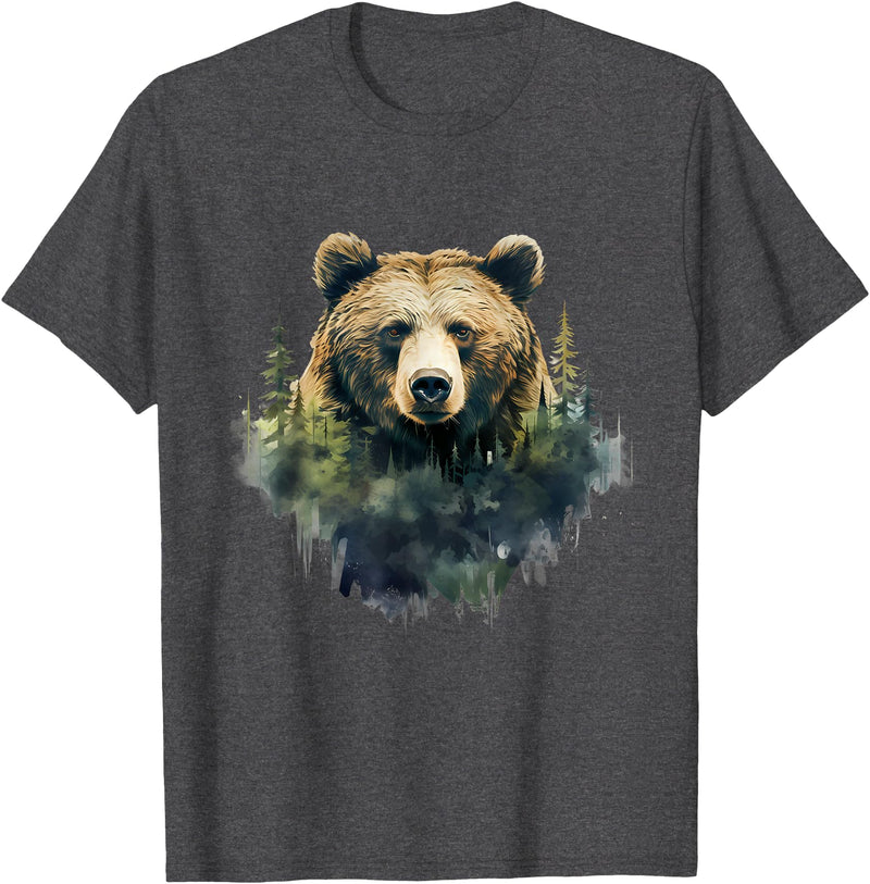 Bear Forest Animal Art Portrait Forest Artwork Wildlife T-Shirt - Dark Heather Grey
