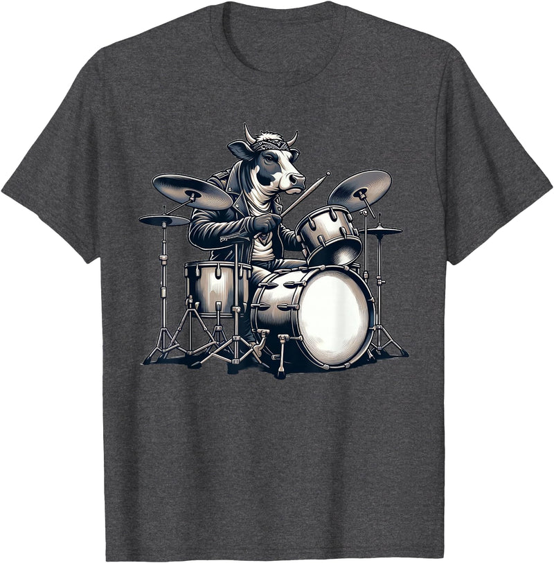 Cute Cow Playing Drums Cow Lover Apparel Cute Cow Playing Drums Cows Drummer Music T-Shirt - Dark Heather Grey