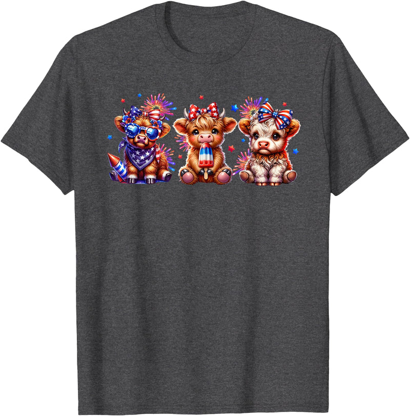 July 4th Highland Cow Farm Lovers American Costume Highland Cow Cattle Animal Lover Patriotic 4th of July T-Shirt - Dark