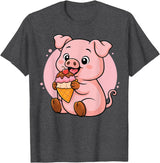 Funny Cute Pig Ice Cream Kawaii Design Pig Eating Ice Cream Graphic Boys Girls Pig Lover T-Shirt - Dark Heather Grey