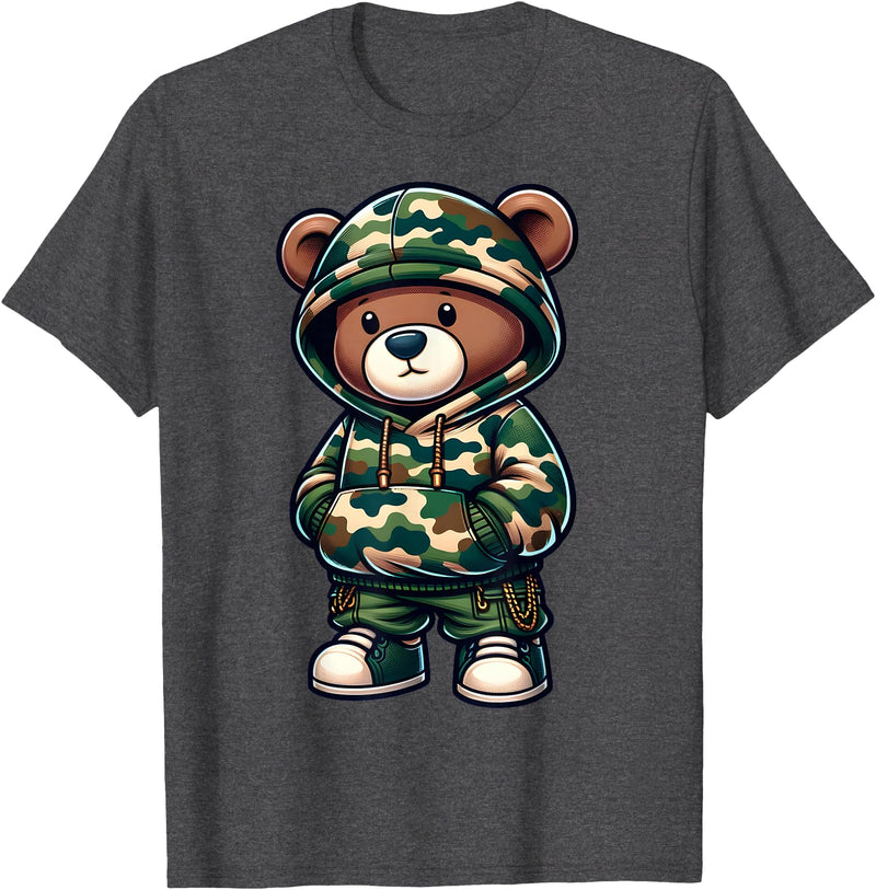 Camo Teddy Bear Hip Hop Designs for Men & Boys Camo Hip Hop Teddy Bear Camouflage Gangsta Streetwear Hustle T-Shirt - Dark Heather Grey