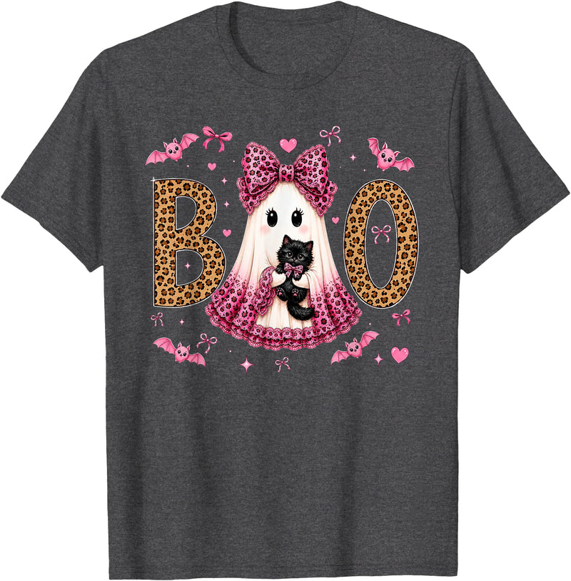 Bow Boo Halloween Costumes Apparel Women Girls Coquette Bow Boo Ghost Leopard Halloween Black Cat Womens T-Shirt - Dark