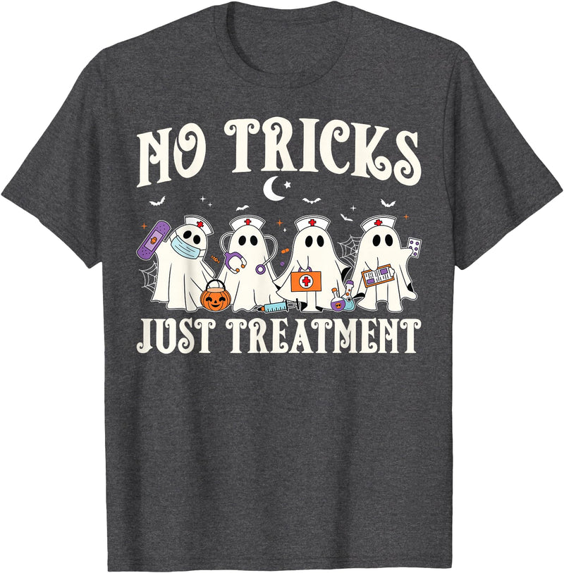 Halloween Nurse Gifts Co. No Tricks Just Treatment Nurse Ghost RN Spooky Halloween T-Shirt - Dark Heather Grey