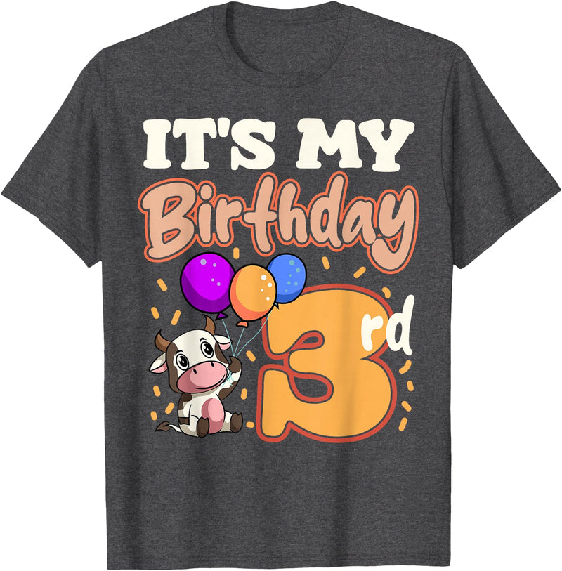 Cow Birthday 3 Party Farmyard Apparel Cow 3rd Birthday Party Balloons Moo Farm Animal Vet Barn T-Shirt - Dark Heather Grey
