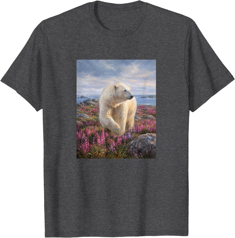 Dee Claire Art & Designs Polar Bear Summer Wildflower Meadow Nature Artwork T-Shirt - Dark Heather Grey