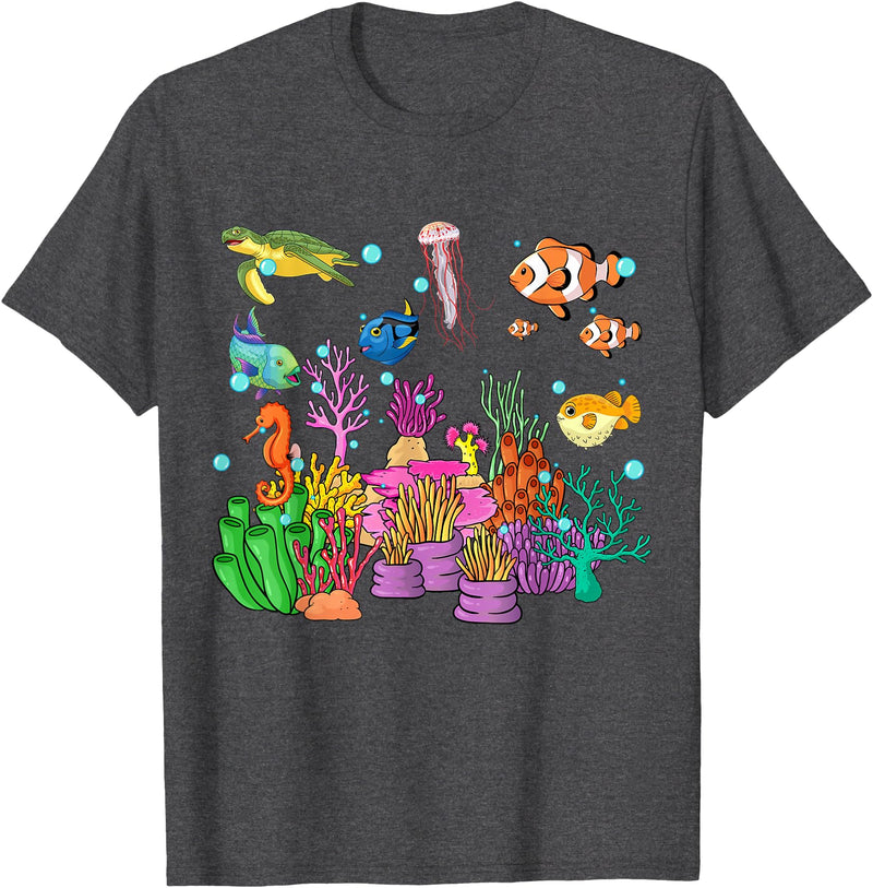 MASH MOSH Coral reef with colorful tropical Fish, Marine Life T-Shirt - Dark Heather Grey
