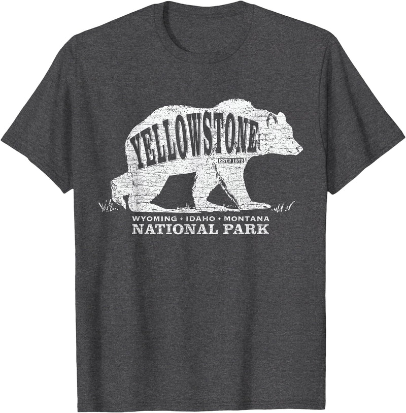 Vintage Yellowstone Retro Tees Tanks Tops Grizzly Bear Yellowstone National Park Est. 1872 T-Shirt - Dark Heather Grey