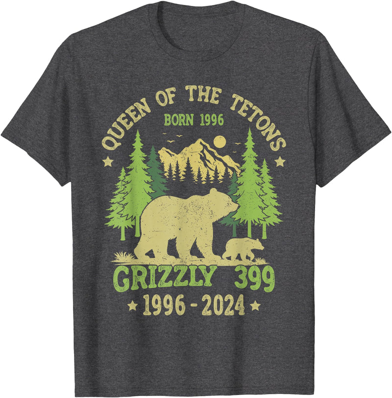 Vintage National Park Outfits Bear Lovers Apparel. Queen Of The Tetons Grizzly 399 National Park 1996-2024 T-Shirt - Dark Heather Grey