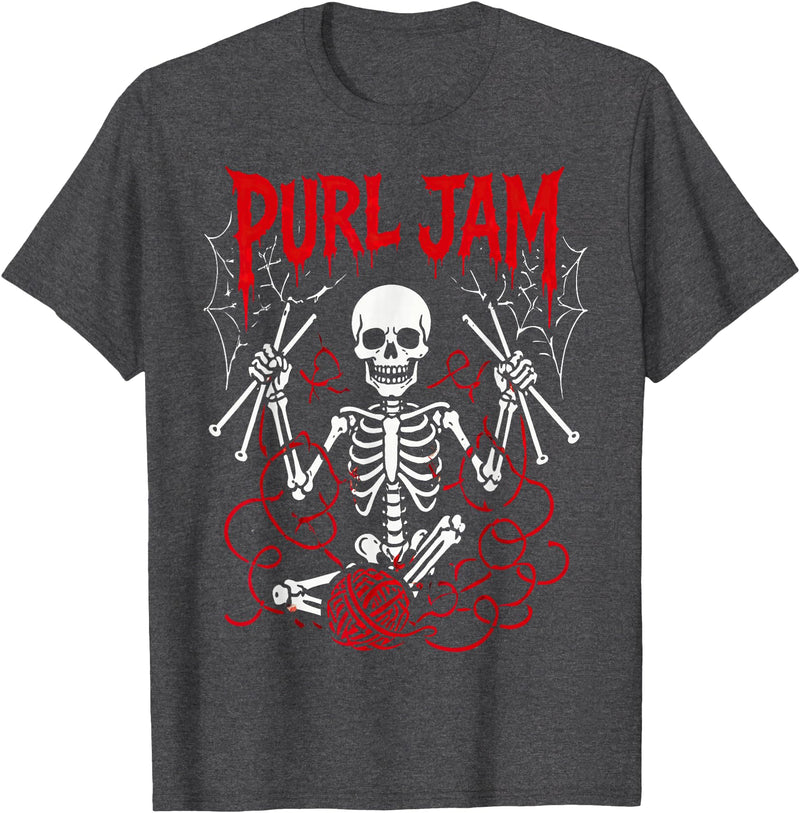 Bone Knitting Co. Purl Jam Skeleton Knitting Craft Lover Funny Design T-Shirt - Dark Heather Grey