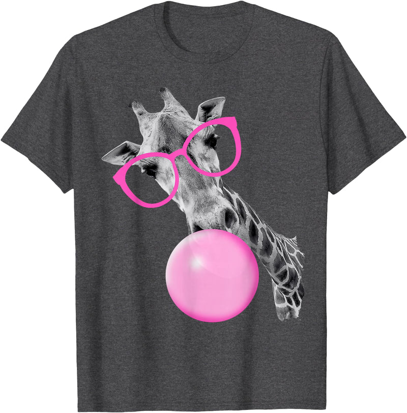 Pink Glasses and Bubblegum Animals Cool Giraffe Blowing Bubble with Pink Glasses – Funny Animal T-Shirt - Dark Heather Grey
