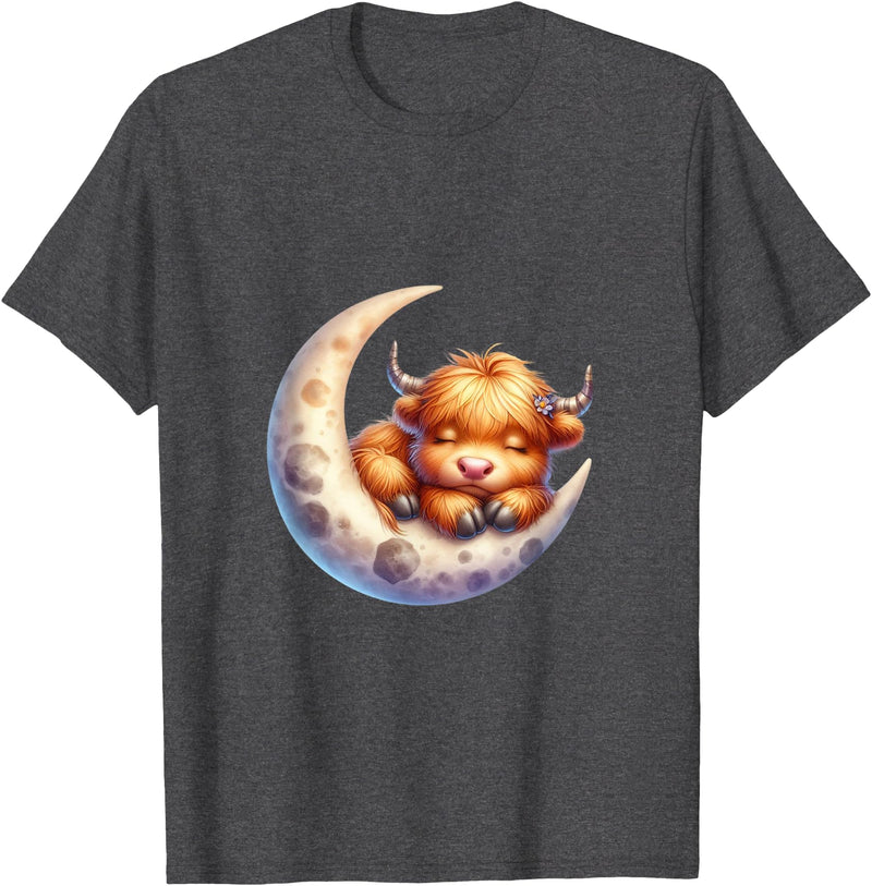 Cute Baby Highland Cow Sleeping on the Moon Heifer Farm T-Shirt - Dark Heather Grey