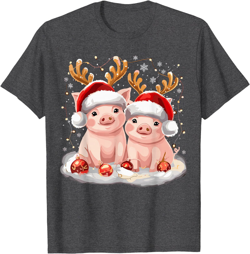 Funny Xmas Pig Lover Christmas Christmas Pig Reindeer Xmas T-Shirt - Dark Heather Grey