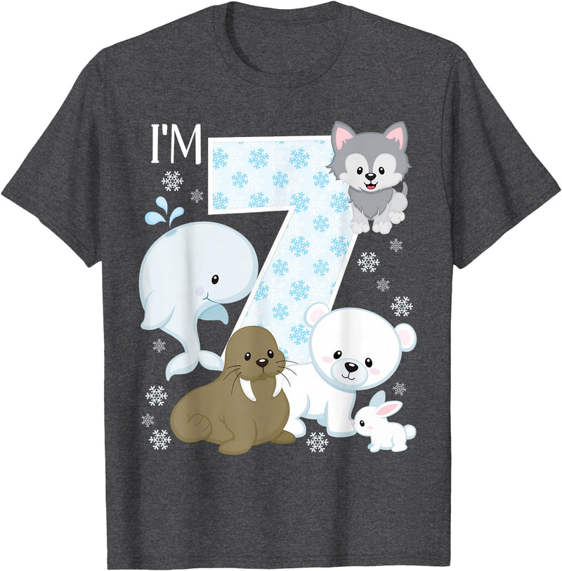 Arctic Animals Birthday Party Family Matching Bday Arctic Animals 7th Birthday Polar Bear Walrus Fox Sea Theme T-Shirt - Dark Heather Grey