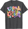 Floral He Is Risen Happy Easter Christian Bible Verse Faith T-Shirt in Dark Heather Grey