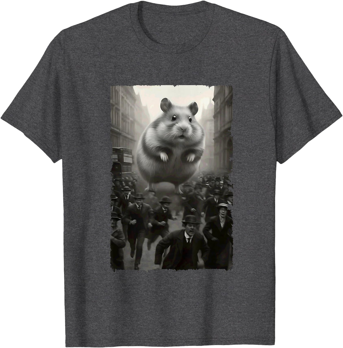 Giant Puffy Hamster Funny Destroying Retro City Picture T-Shirt - Dark Heather Grey