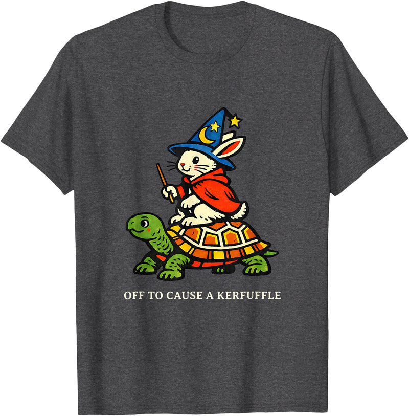 Off to Cause a Kerfuffle Bunny Rabbit Turtle T-Shirt in Dark Heather Grey