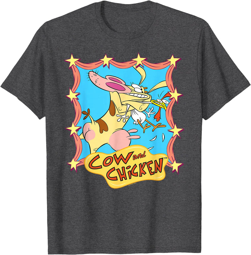 Cow and Chicken Star Frame Hugs Funny Cartoon T-Shirt - Dark Heather Grey