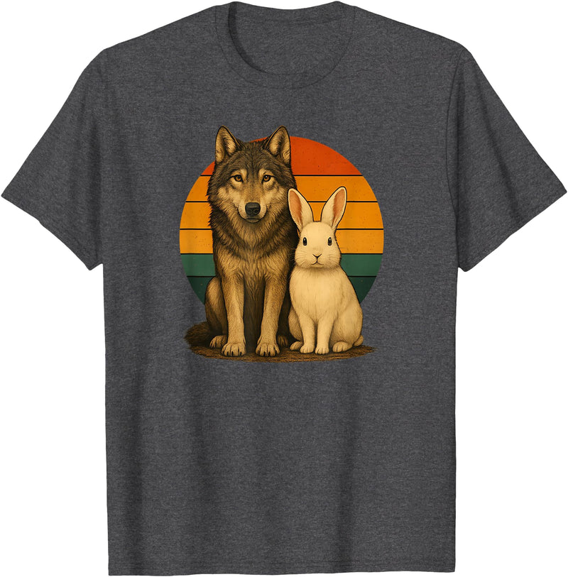 Wolf Rabbit Retro Animal Friends T-Shirt in Dark Heather Grey