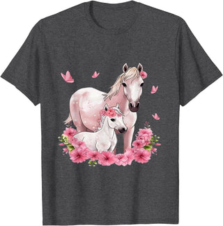 Horse Foal Butterfly Girl Flowers Horseback Riding Horse with Foal - Flowers and Butterflies T-Shirt - Dark Heather Grey