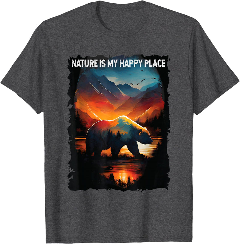 Nature Is My Happy Place Bear Tees Nature Is My Happy Place bear hiking camping mountains T-Shirt - Dark Heather Grey