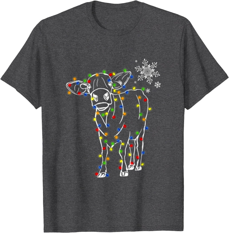 Cow Christmas Light Tree Cow Xmas Snow Lover T-Shirt - Dark Heather Grey