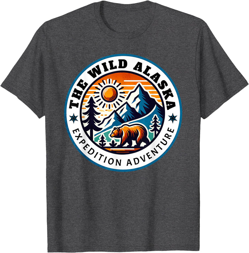 Hiking Glacier Bear and Alaska Frontier Apparel Glacier Mountain Landscape and Alaskan Bear Wildlife T-Shirt - Dark Heather Grey