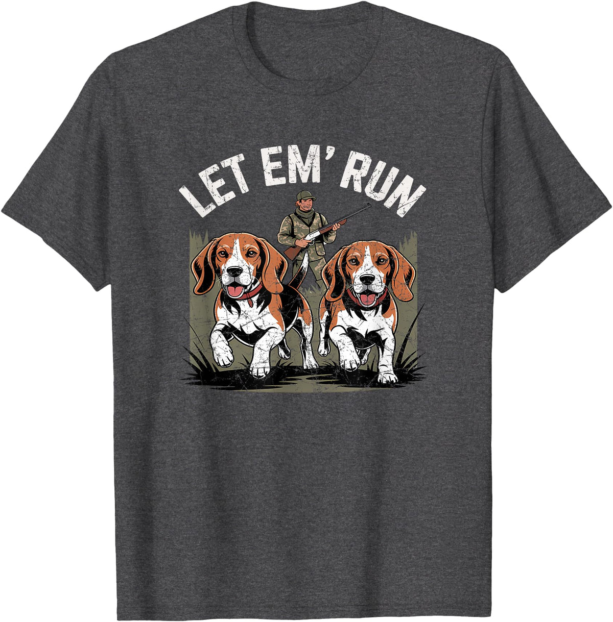Vintage Beagle Dog Let Em' Run Rabbit Hunting T-Shirt in Dark Heather Grey