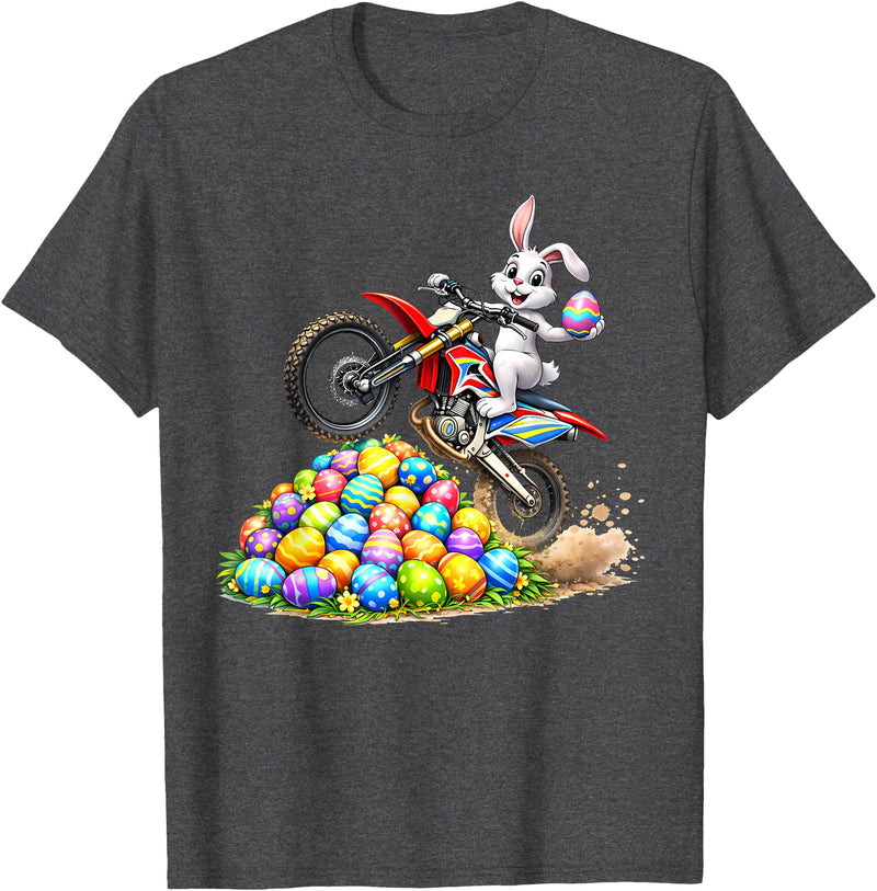 Cool Easter Bunny Dirt Bike Rider Funny Motocross Rabbit T-Shirt in Dark Heather Grey