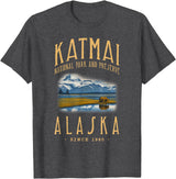 WILDLIFE NATIONAL PARK DESIGNS OF ALASKA KATMAI NATIONAL PARK, ALASKA. CAMPING, HIKER T-Shirt - Dark Heather Grey