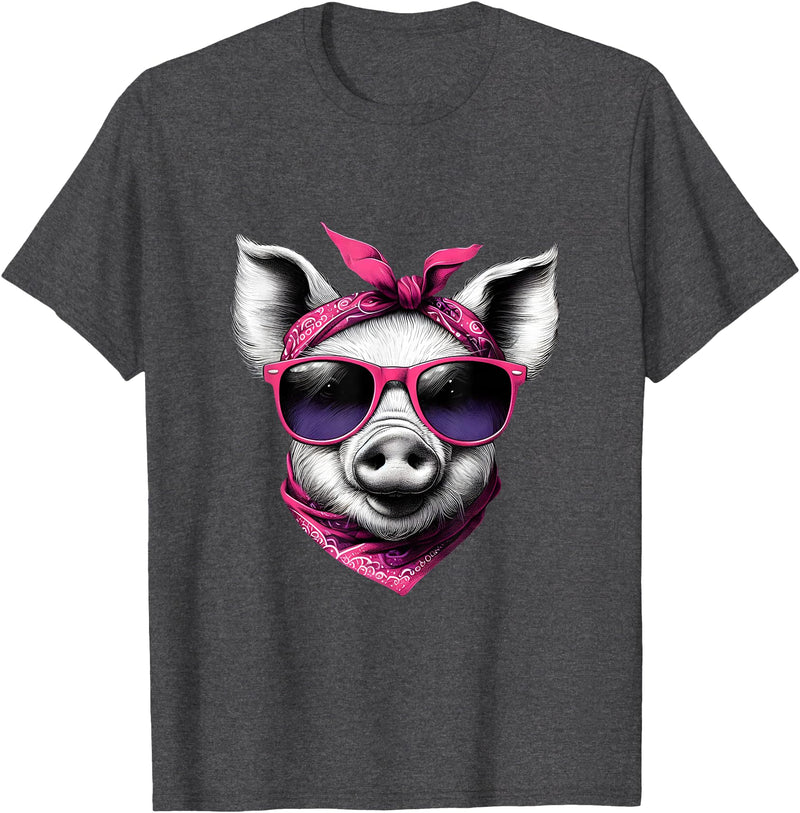 Fashionable Animals Wearing Pink Bandanas Pig Wearing A Pink Bandana Headband And Sunglasses T-Shirt - Dark Heather Grey