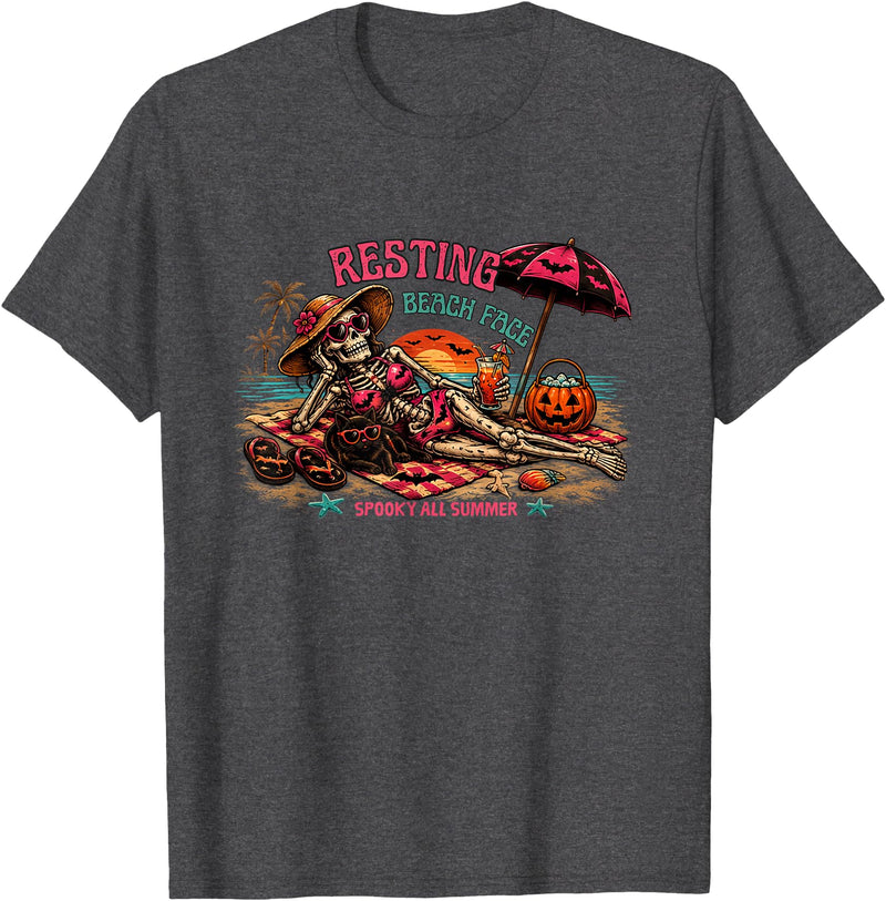 Spooky Summer Vibes retro summerween halloween Funny Skeleton Beach Halloween Resting Beach Face summerween T-Shirt - Dark