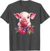 Cute Pig Eating Strawberries And Berries Fun Adorable Pig With Strawberries And Berries T-Shirt - Dark Heather Grey