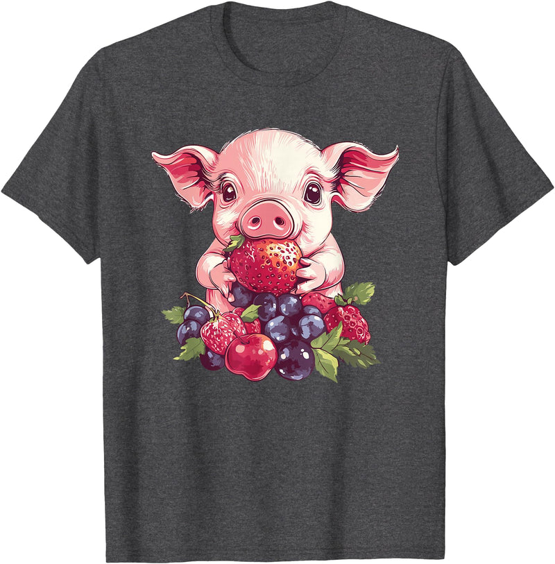 Cute Pig Eating Strawberries And Berries Fun Adorable Pig With Strawberries And Berries T-Shirt - Dark Heather Grey