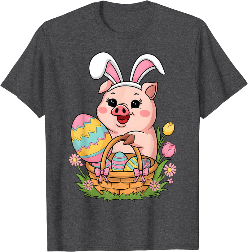 Happy Easter Pig Animal Happy Easter Women Girls Kids Easter Egg Basket Easter Pig T-Shirt - Dark Heather Grey