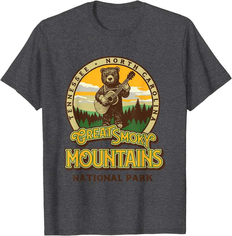 The Thrift Garage Great Smoky Mountains National Park Guitar Bear Cute Smokies T-Shirt - Dark Heather Grey