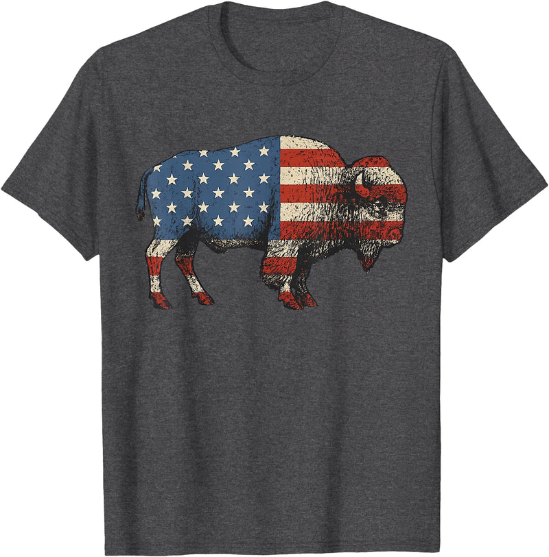 Bison American Buffalo Gifts & Apparel Stuff Bison USA American Flag Patriotic United States T-Shirt - Dark Heather Grey