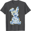 Cute Easter Toile Chinoiserie Blue Floral Bunny Coquette Bow T-Shirt in Dark Heather Grey