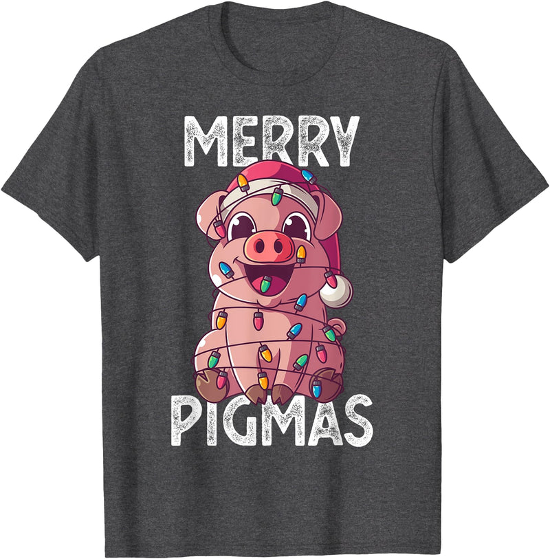 The Weird Shop Merry Pigmas Pig Christmas Santa Pig Xmas Lights Farmer Gift T-Shirt - Dark Heather Grey