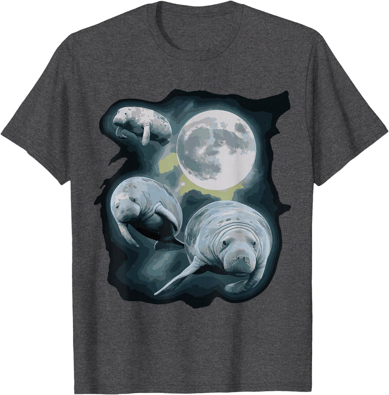 Manatee Howling Moon Manatee Sea Cow Three Manatee Howling At The Moon T-Shirt - Dark Heather Grey