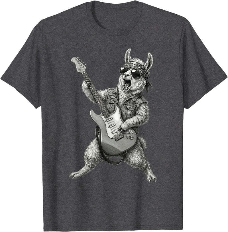 Rock Guitar Llama Stuff Accessories & Gifts Llama Playing Guitar Rock & Roll Llamas Alpaca Rocker Music T-Shirt - Dark Heather Grey