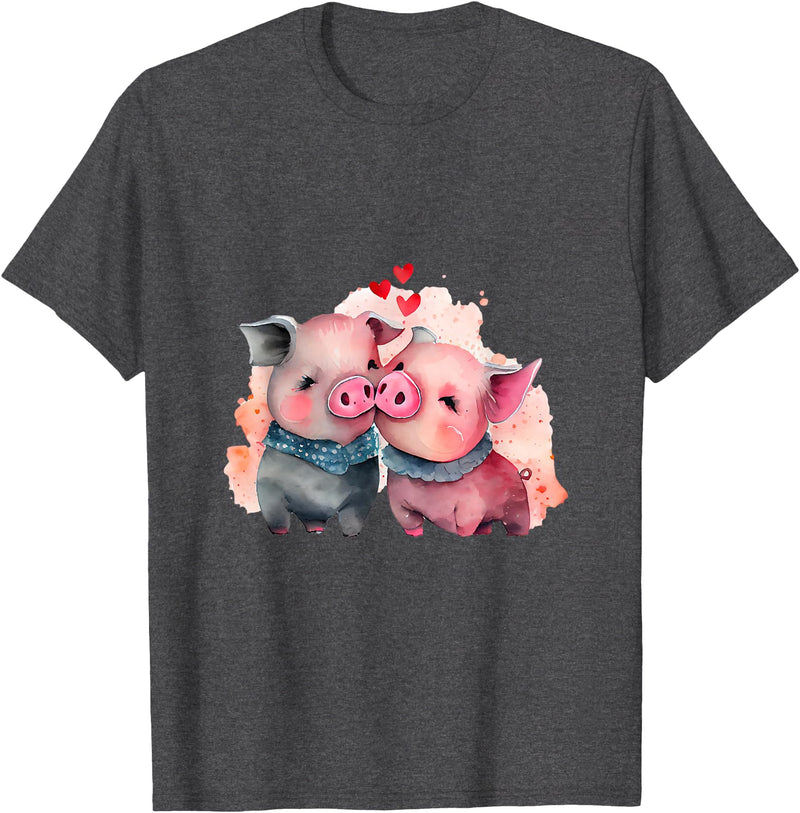 Unique Pig Lover Decor & Apparel Gifts Shop Two Loving Pigs In Love Heart Valentine's Day Pig T-Shirt - Dark Heather Grey
