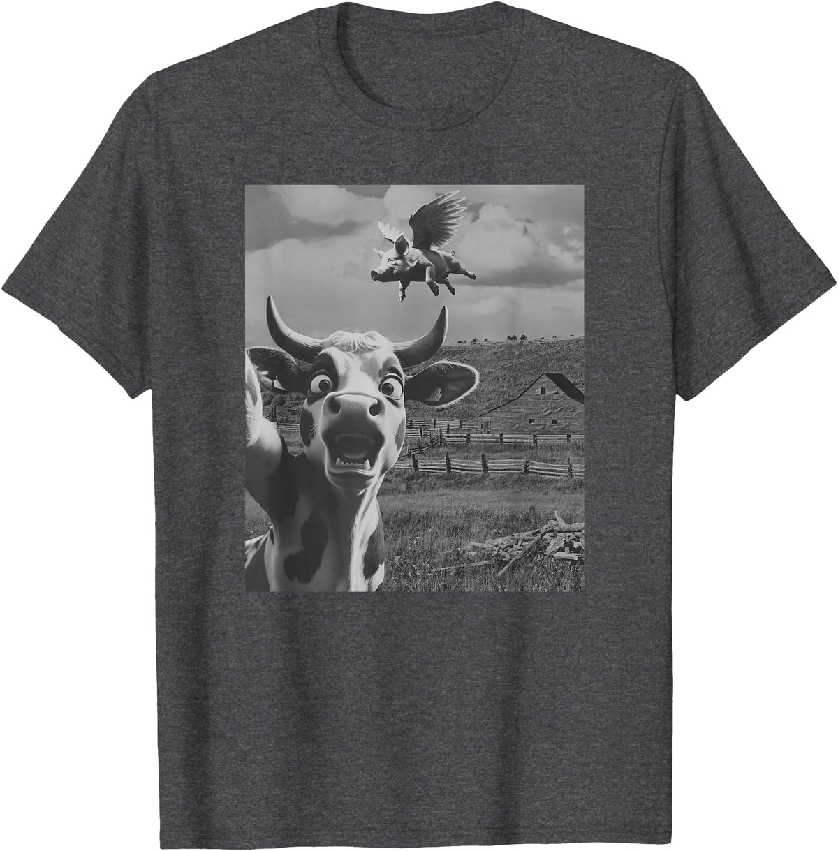 When Pigs Fly Pig Lover Designs Apparel Gifts Cow Selfie With Flying Pigs Fly Funny Gift for Men Women Kid T-Shirt - Dark Heather Grey