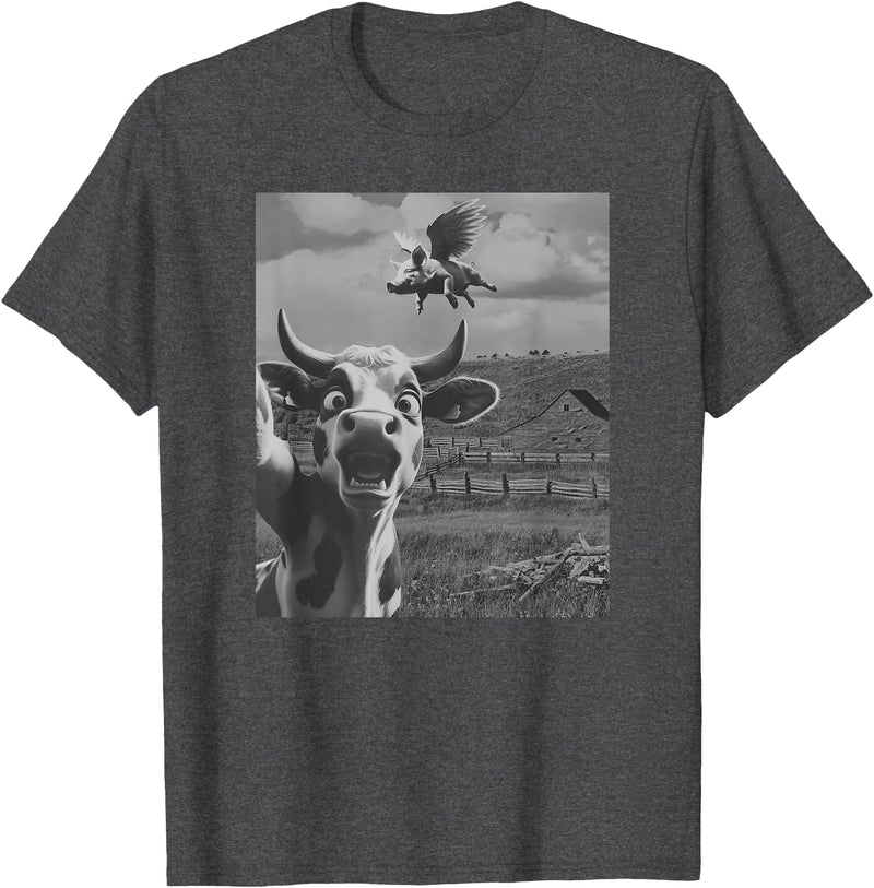 When Pigs Fly Pig Lover Designs Apparel Gifts Cow Selfie With Flying Pigs Fly Funny Gift for Men Women Kid T-Shirt - Dark Heather Grey