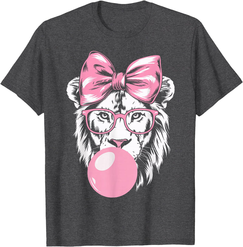 Lion Bubblegum Lion Wearing Glasses and Blowing Pink Bubble Gum T-Shirt - Dark Heather Grey