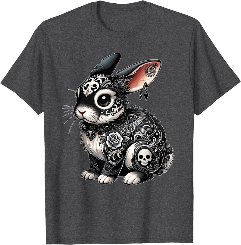 Gothic Filigree Rabbit with Skulls T-Shirt in Dark Heather Grey