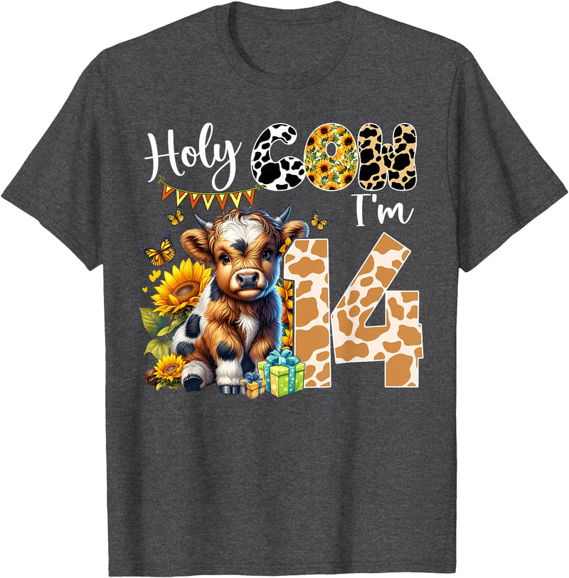 Cute Cow Farm Themed Birthday Girls Family Party Holy Cow I’m 14 Years Old Dairy Cow Sunflowers 14th Birthday T-Shirt - Dark