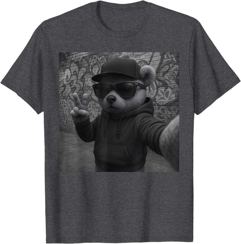 Teddy Bear Graphic Streetwear Hip Hop Men's Design Hip Hop Teddy Bear Selfie Urban Streetwear Peace Sign Rap T-Shirt - Dark Heather Grey